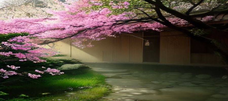 垂枝桃盛花期全景，粉红色重瓣花朵覆盖垂枝，枝条自然下垂至近水面，春日园林背景柔和朦胧